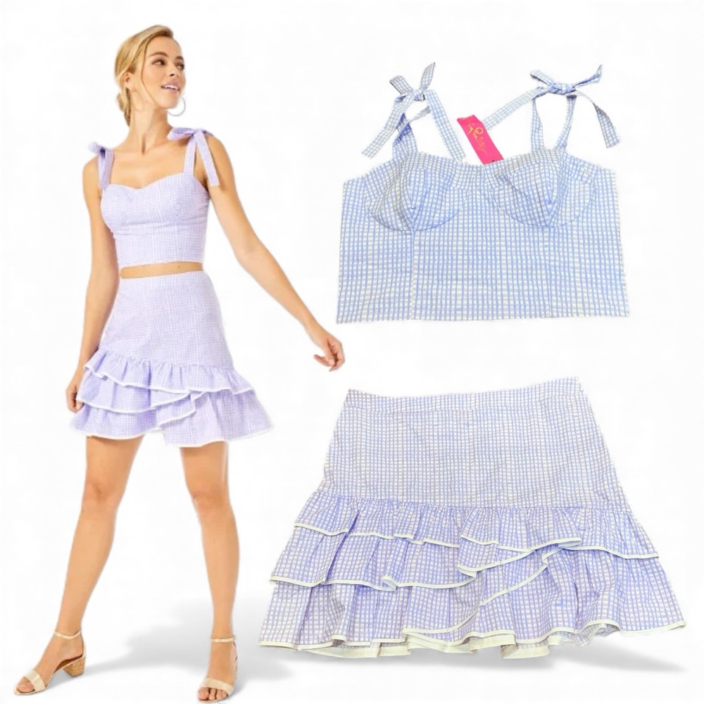 Lilly Pulitzer Rosalie Ruffle Skirt Crop Top Set Light Lilac Verbena Gingham 10